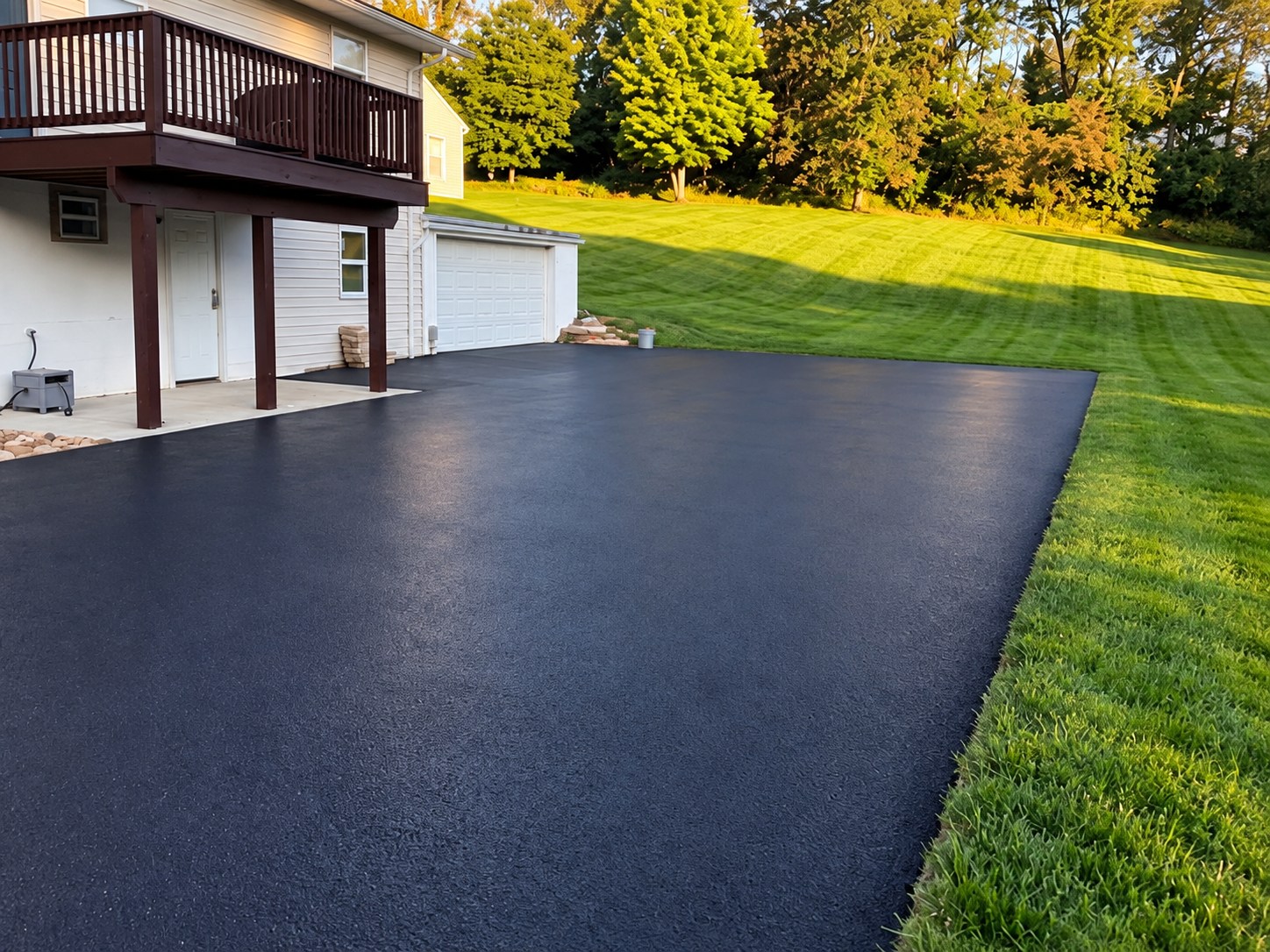 Completed black asphalt driveway sealing project beside a home