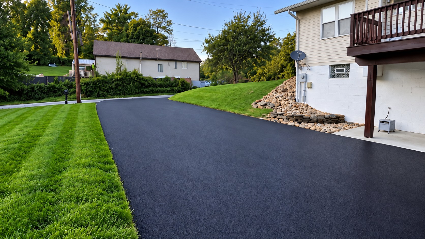 Long residential driveway with a fresh sealed finish
