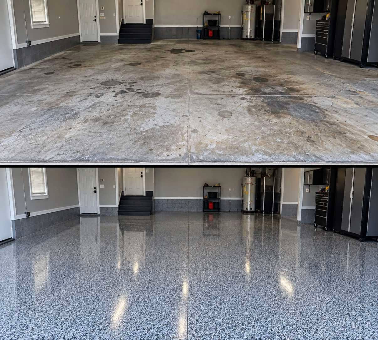 Concrete floor before and after an epoxy flooring installation