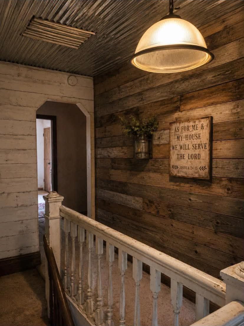 Remodeled upstairs hallway with reclaimed wood wall