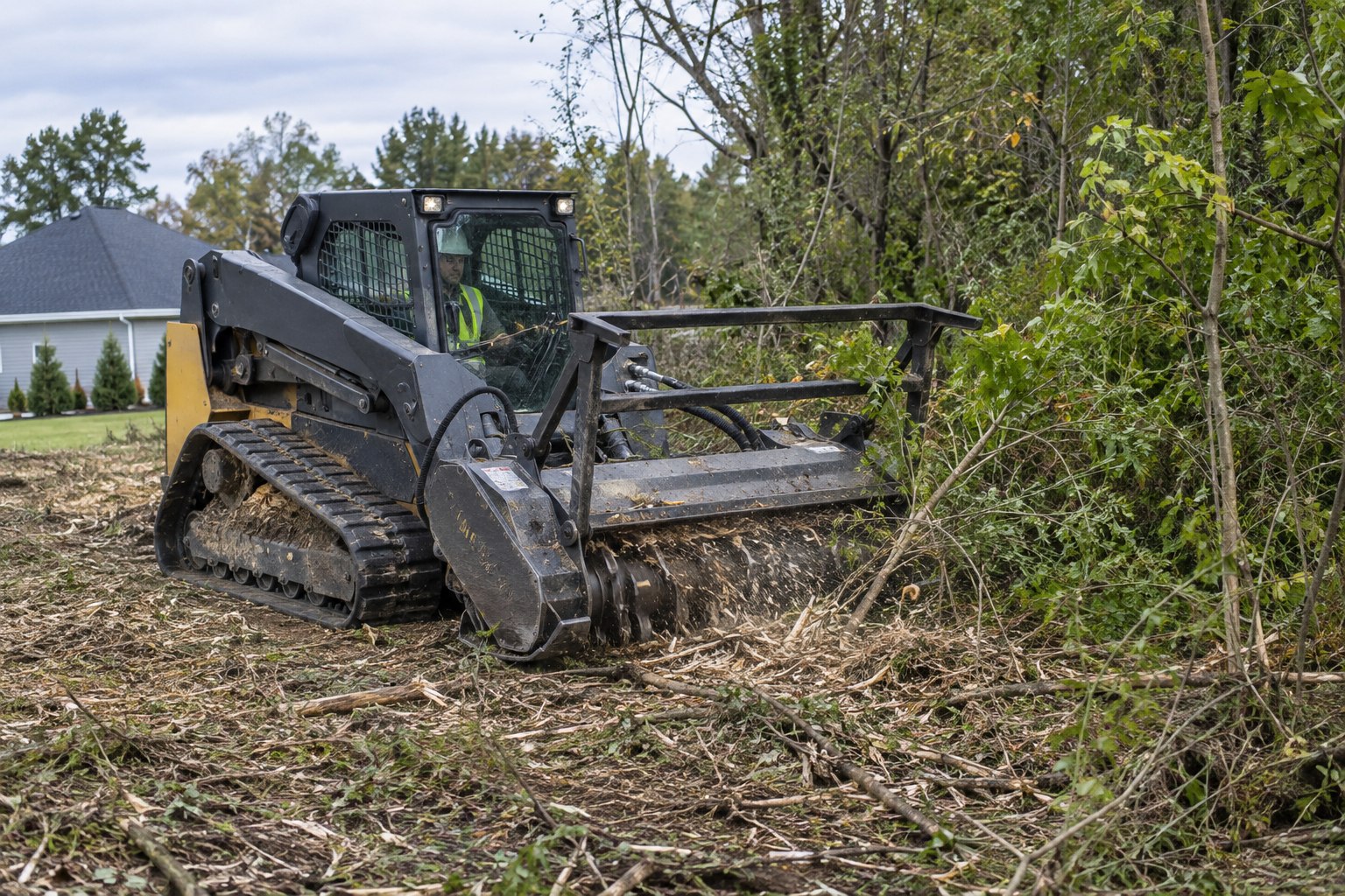 Compact track loader with operator and mulcher attachment